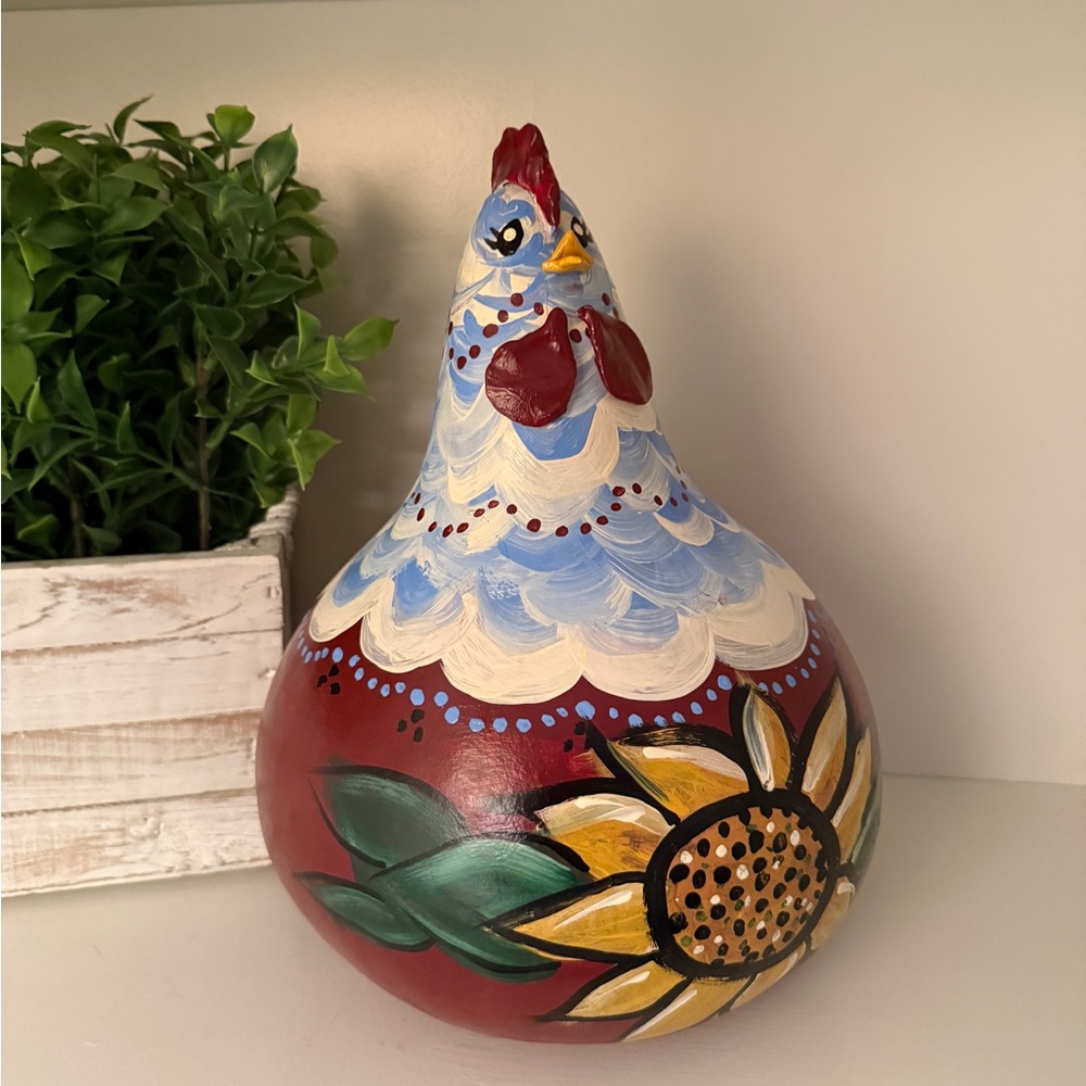 Hand Painted/Drawn Chicken Sunflower Gourd Natural Decorative Art. Folk Art. VTG